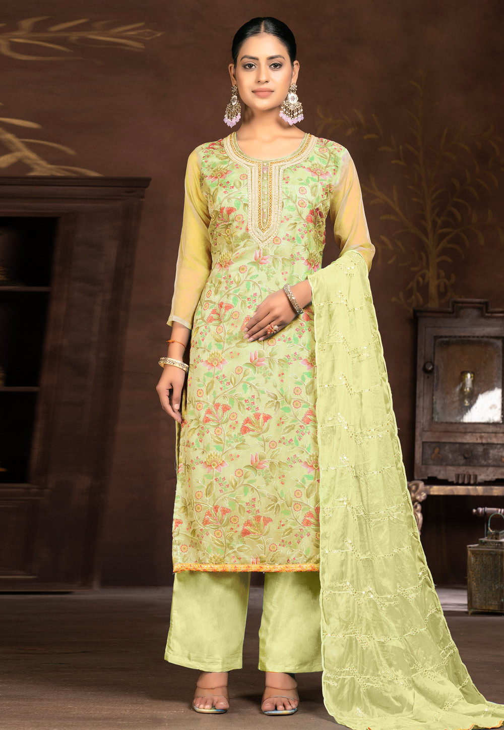 Pista Green Organza Pakistani Suit 281838
