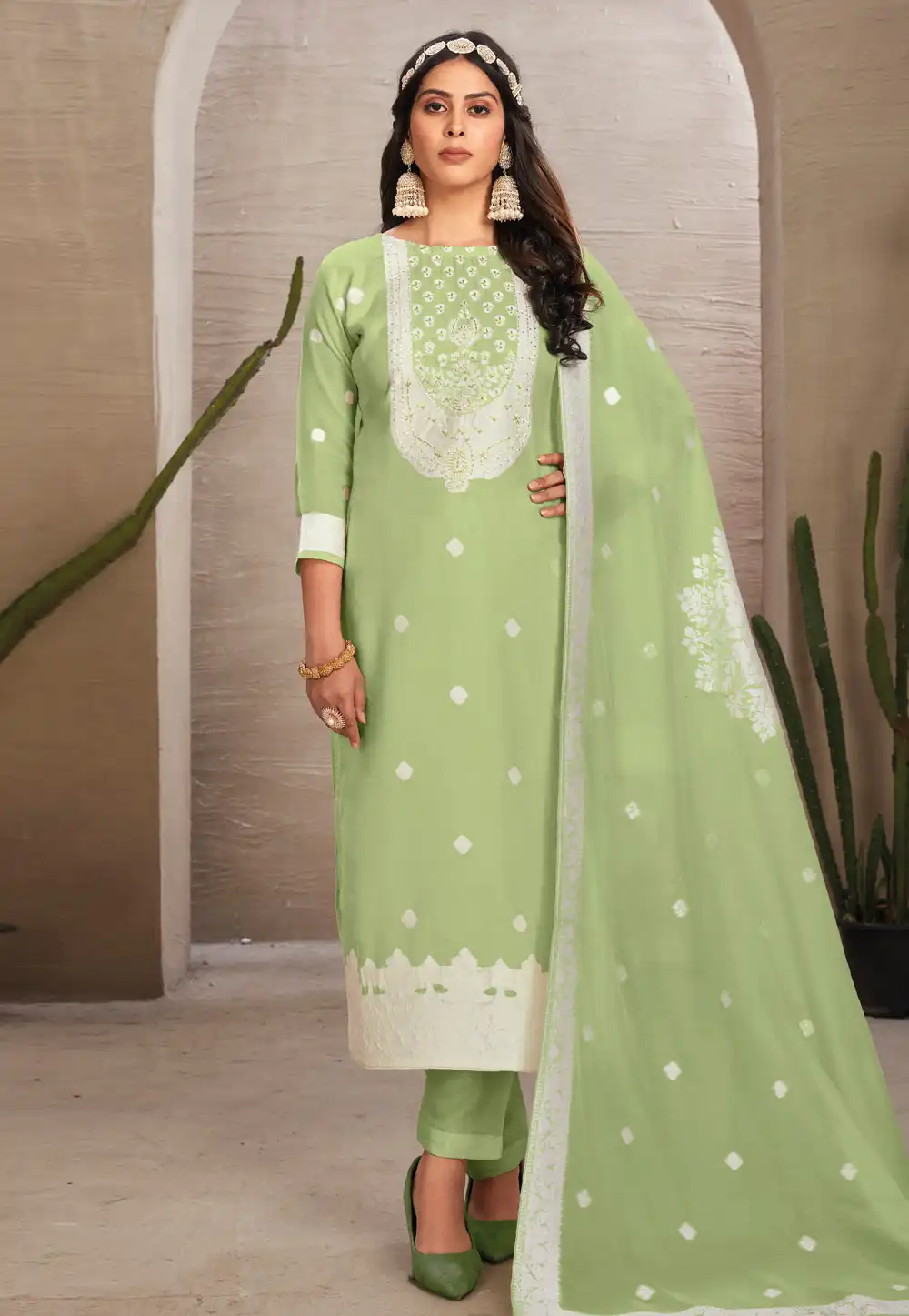 Pista Green Organza Pakistani Suit 290302