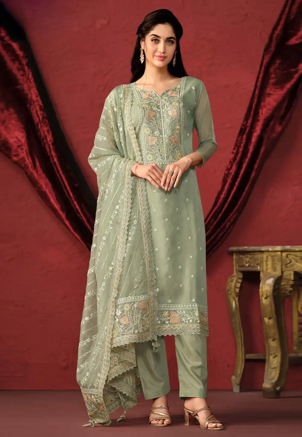 Pista Green Organza Pakistani Suit 290968