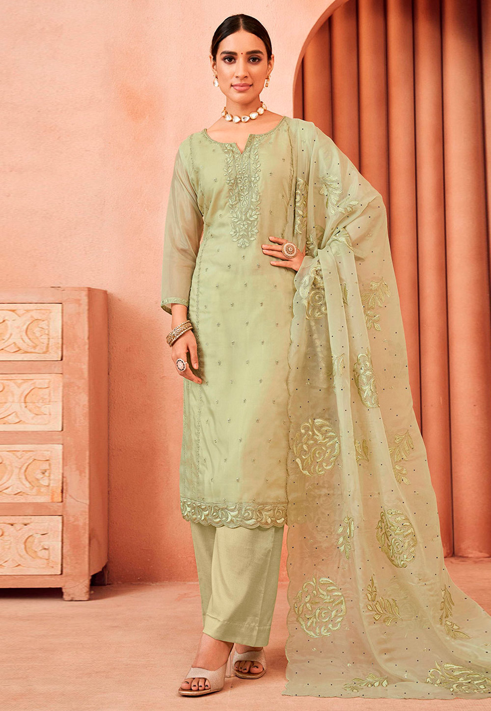 Pista Green Organza Palazzo Suit 309492
