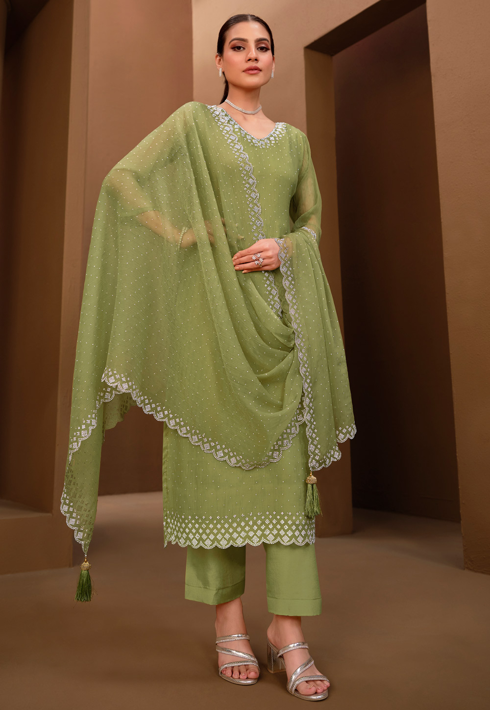 Pista Green Organza Pant Style Suit 285029