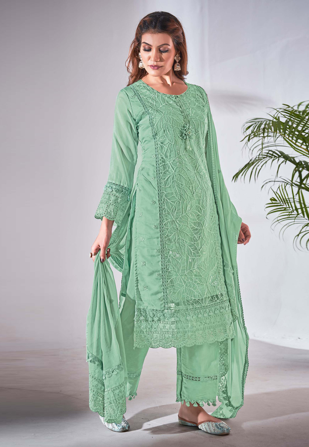 Pista Green Organza Readymade Pakistani Suit 279394