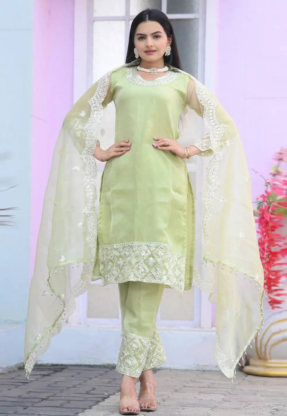 Pista Green Organza Readymade Pant Style Suit 301670