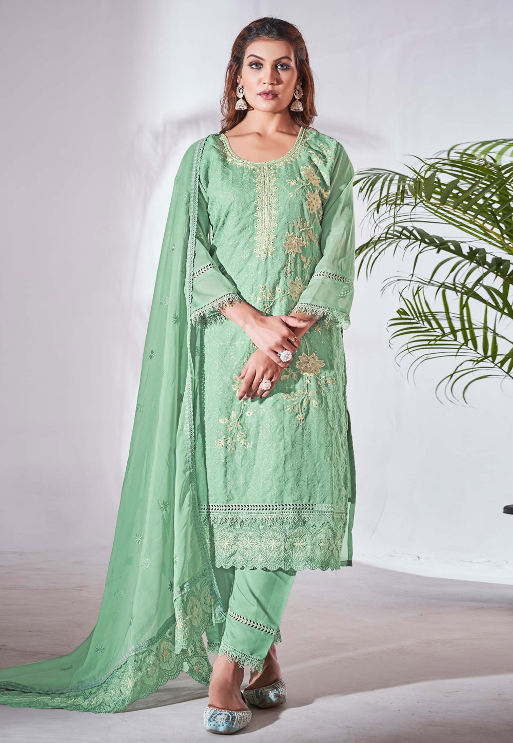 Pista Green Organza Readymade Pant Style Suit 279356