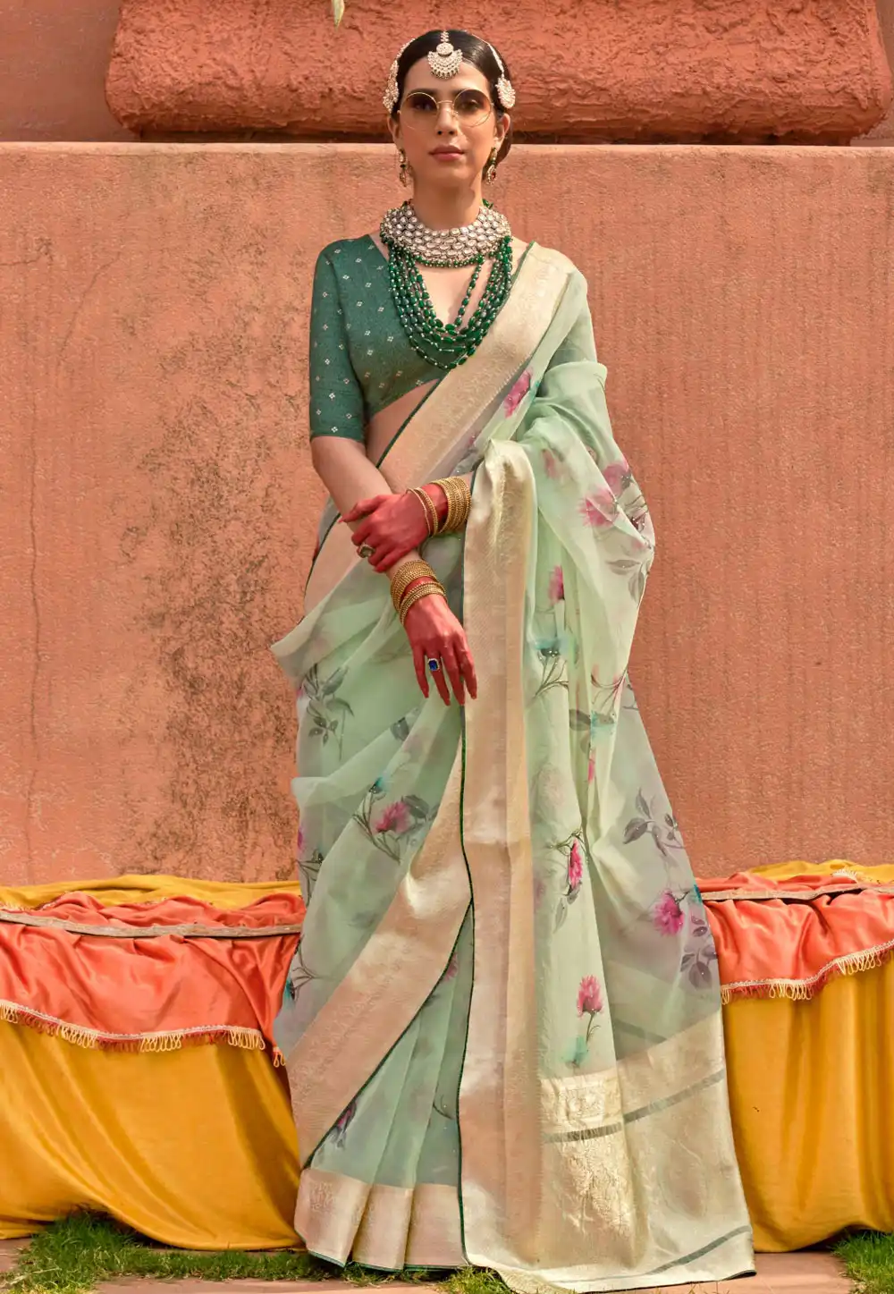 Pista Green Organza Saree With Blouse 291349