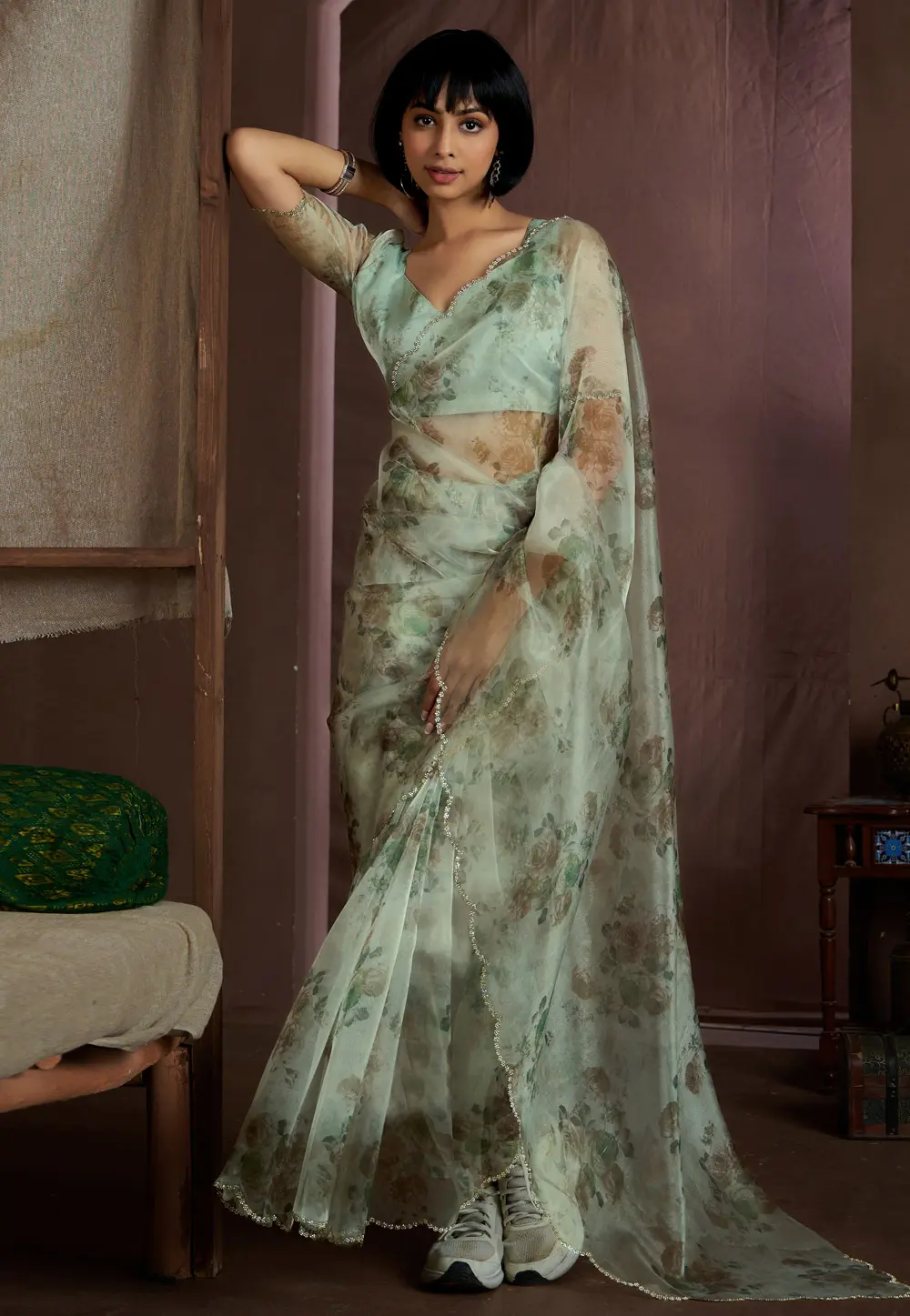 Pista Green Organza Saree With Blouse 299480