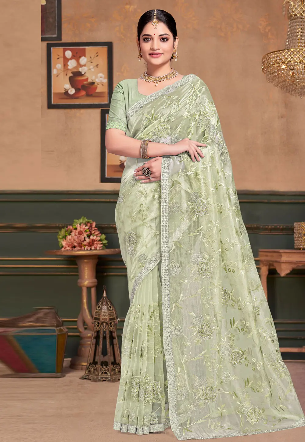 Pista Green Organza Saree With Blouse 304156