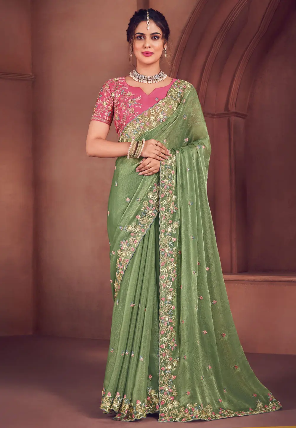 Pista Green Organza Saree With Blouse 301756