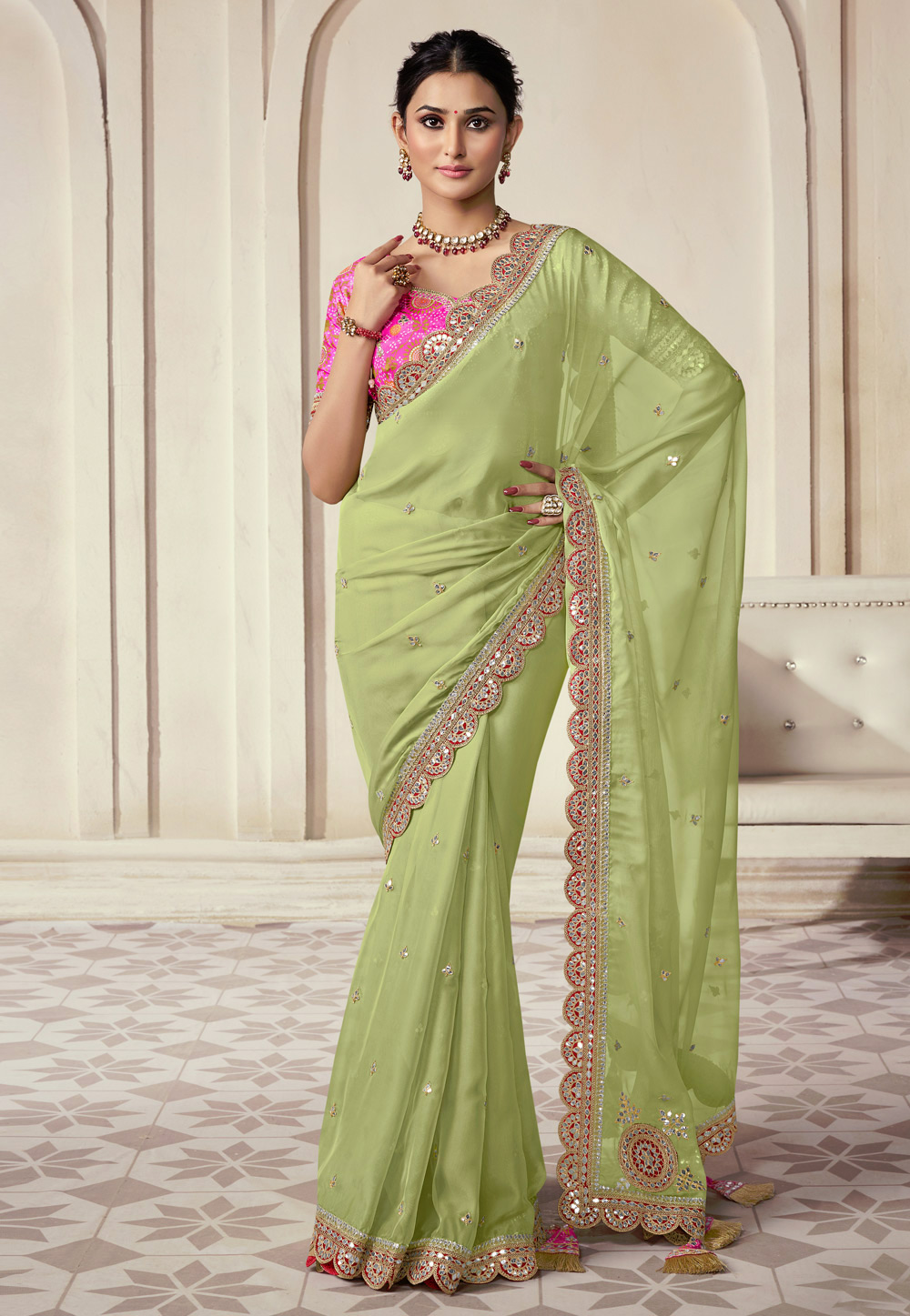 Pista Green Organza Saree With Blouse 281980