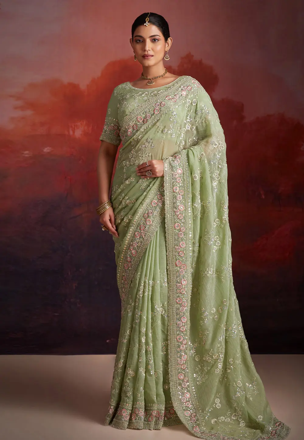 Pista Green Organza Saree With Blouse 301262