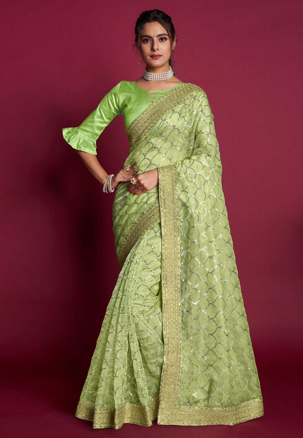 Pista Green Organza Saree With Blouse 287116