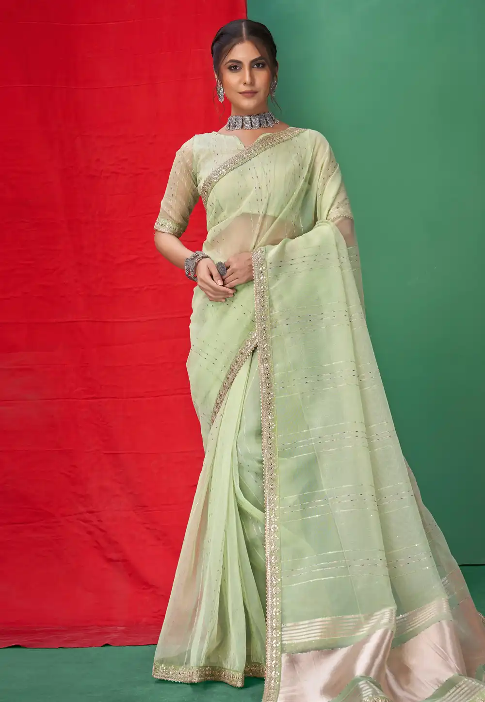 Pista Green Organza Saree With Blouse 290356