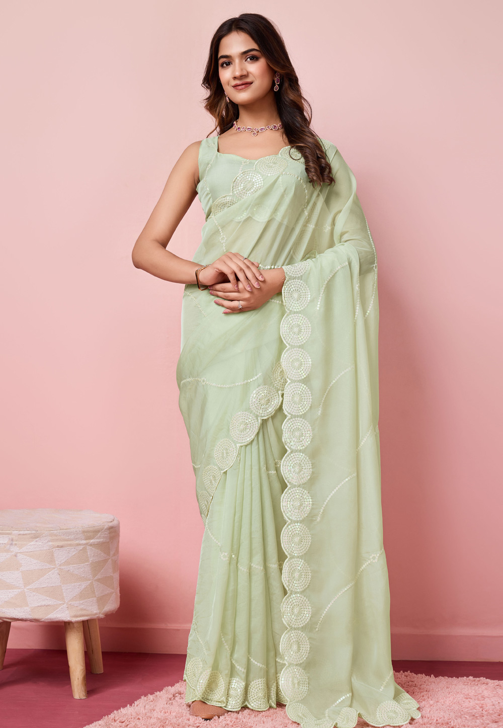 Pista Green Organza Saree With Blouse 287768