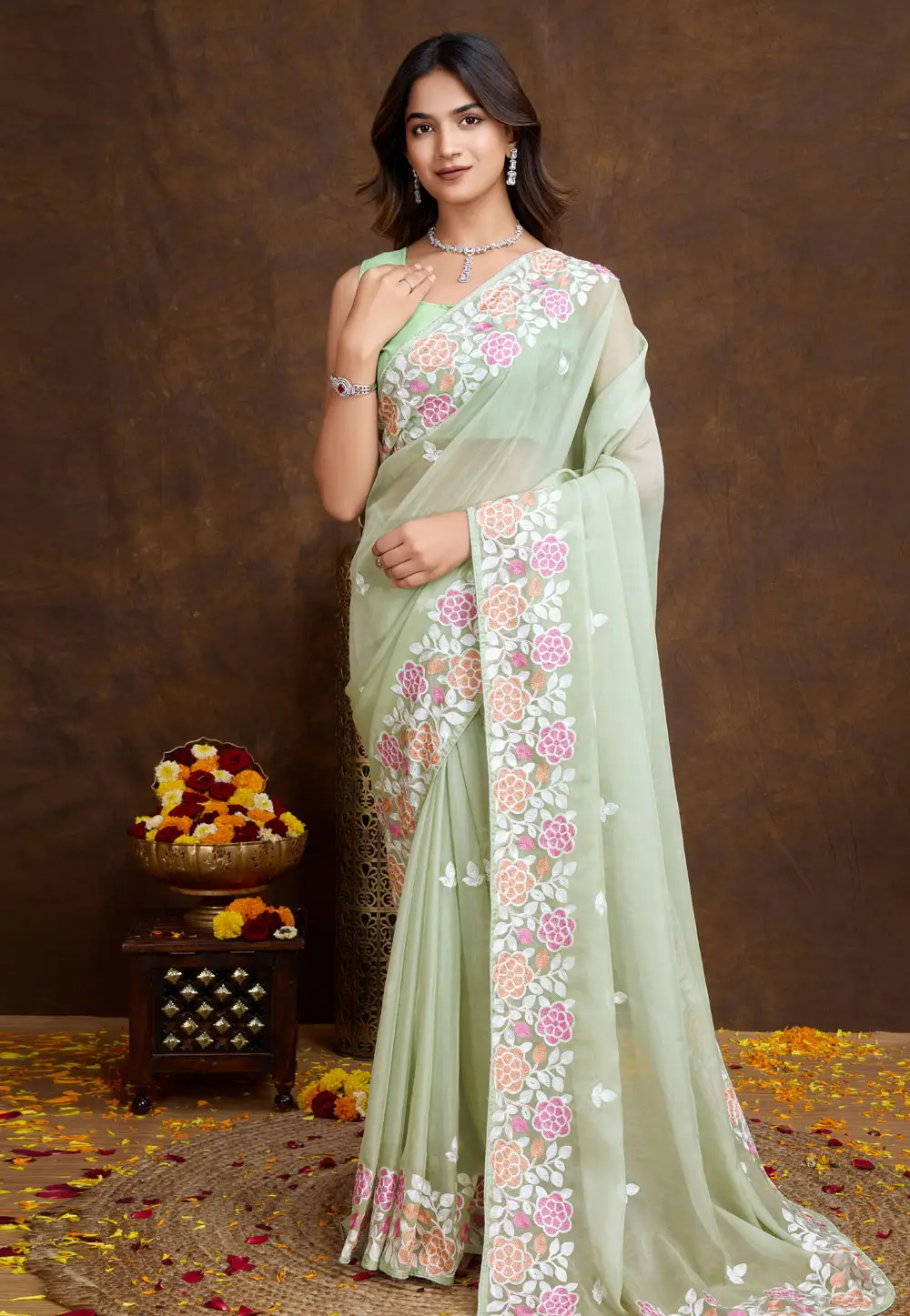 Pista Green Organza Saree With Blouse 297033