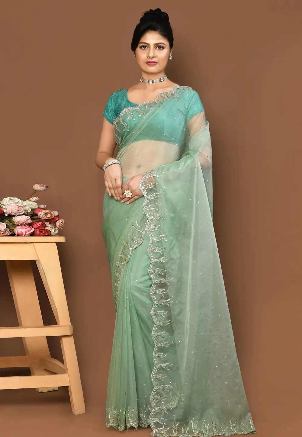 Pista Green Organza Saree With Blouse 295999