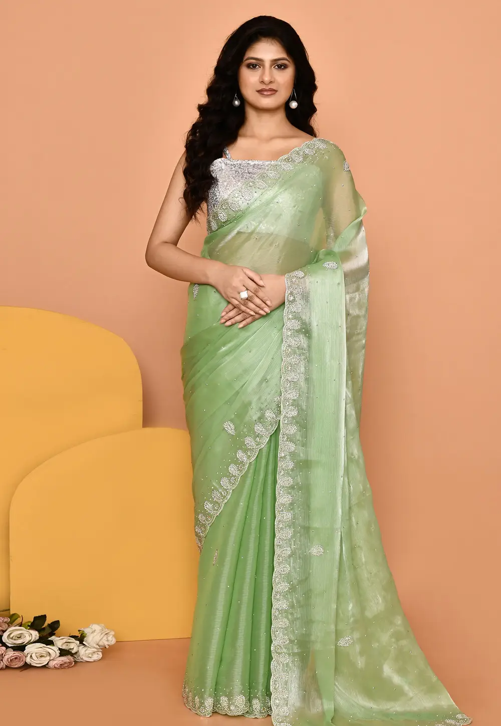 Pista Green Organza Saree With Blouse 296026