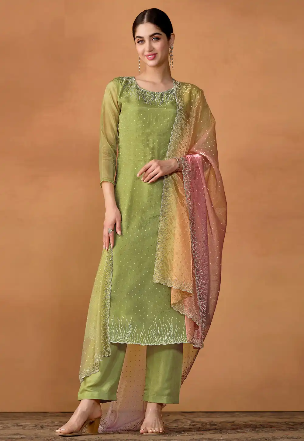 Pista Green Organza Straight Suit 292838