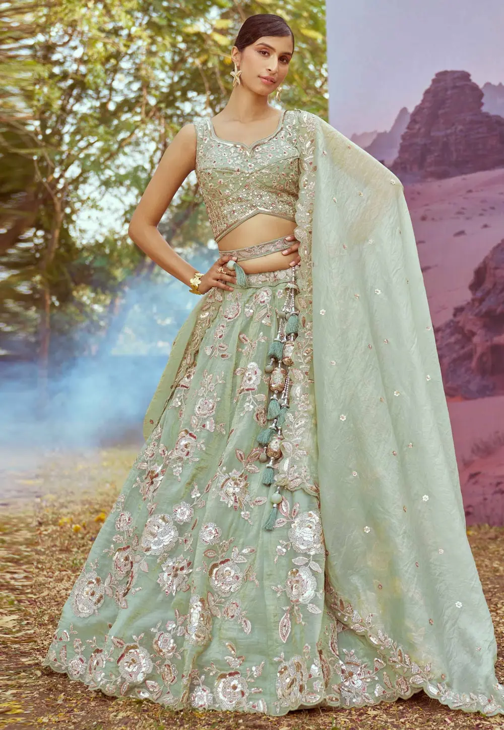 Pista Green Organza Wedding Lehenga Choli 299136