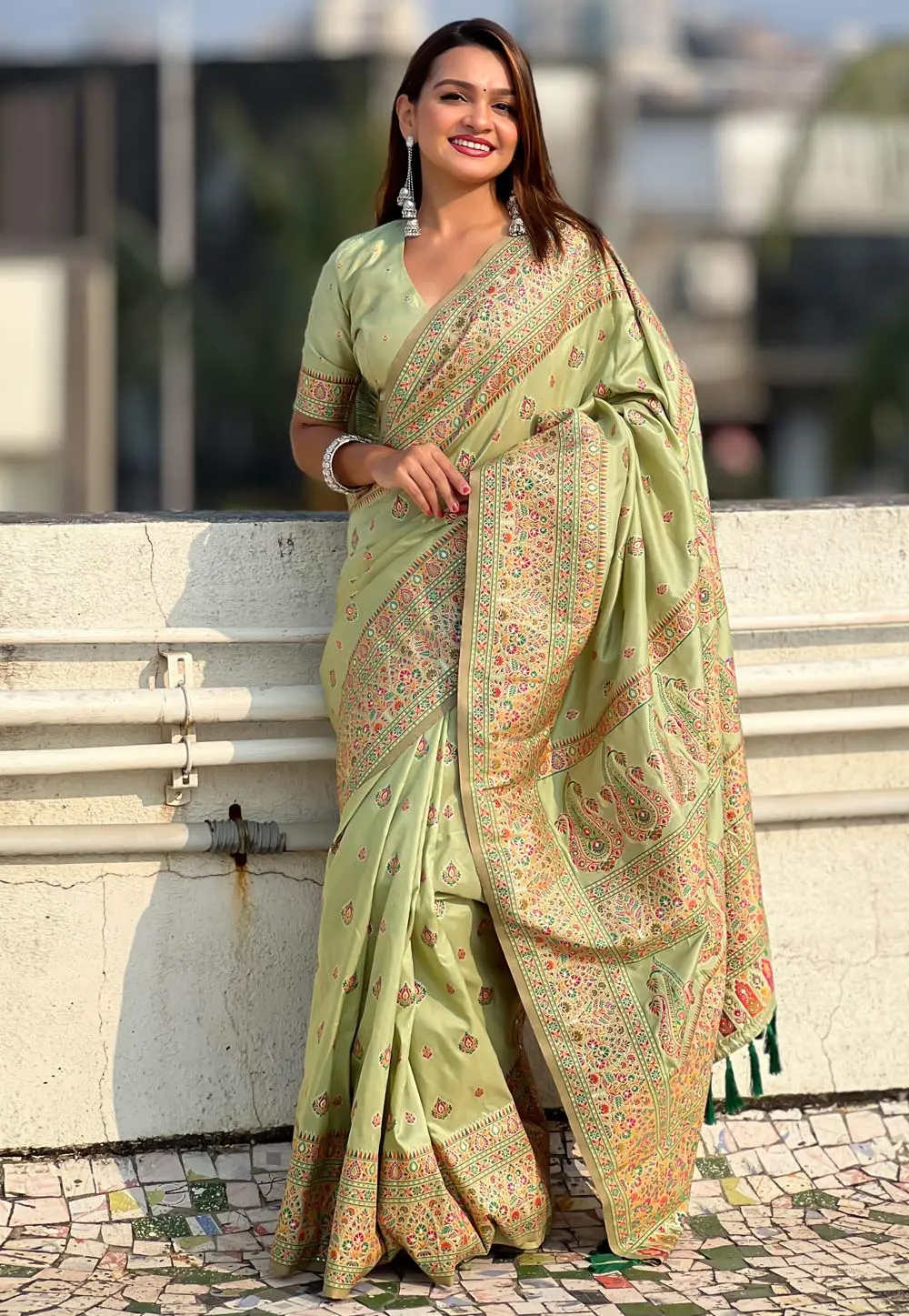 Pista Green Pashmina Saree With Blouse 297394