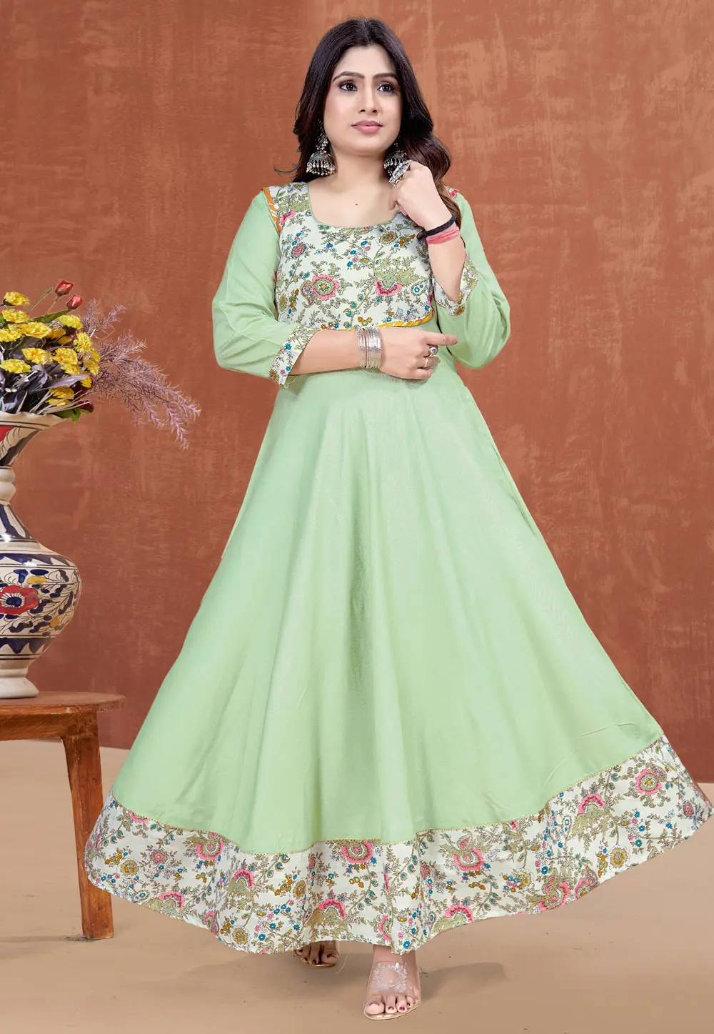 Pista Green Rayon Gown 300055