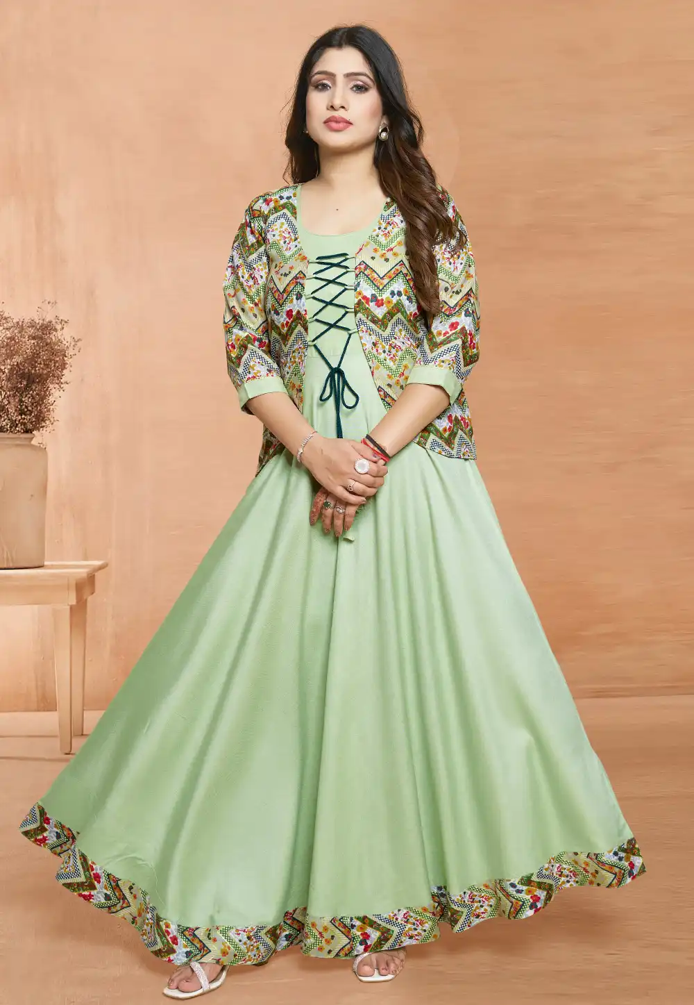 Pista Green Rayon Gown With Jacket 294864