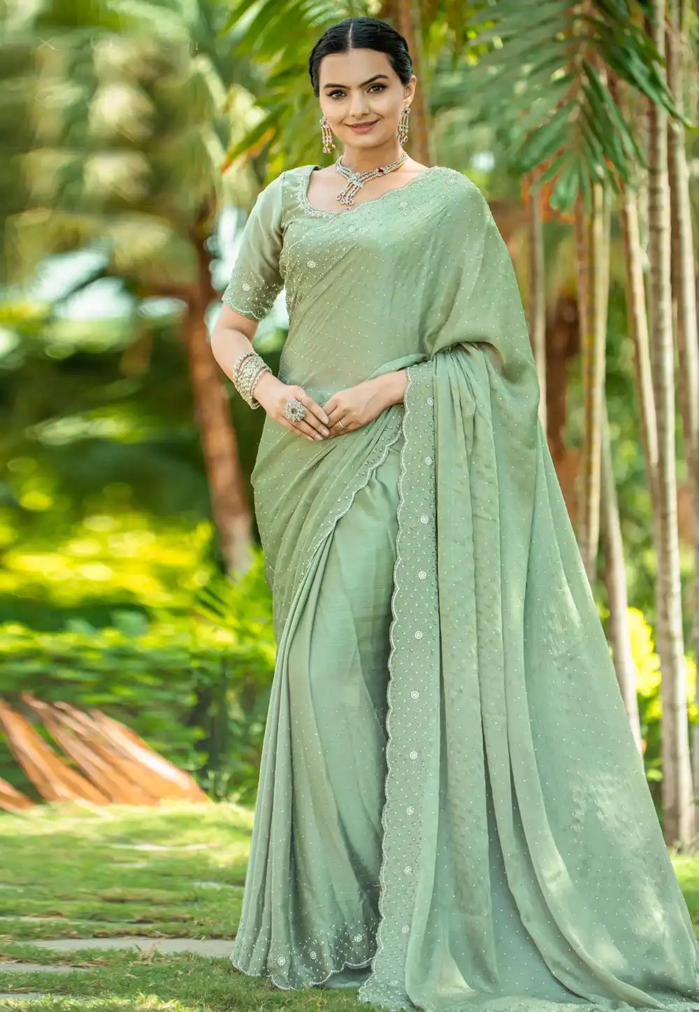 Pista Green Satin Chiffon Saree With Blouse 290859