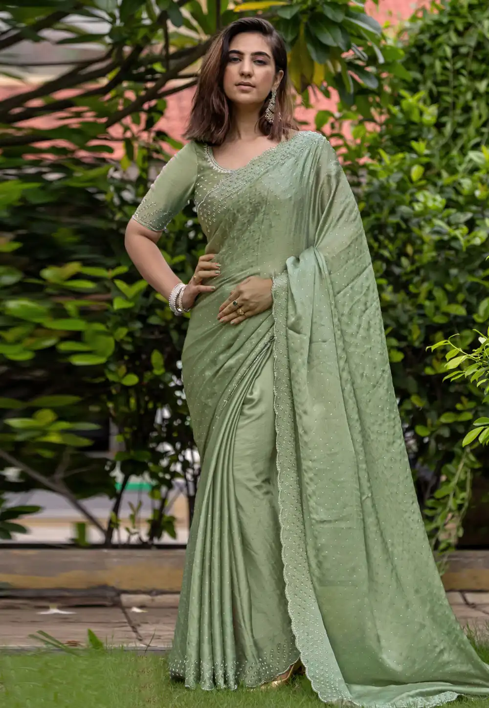 Pista Green Satin Chiffon Saree With Blouse 292246