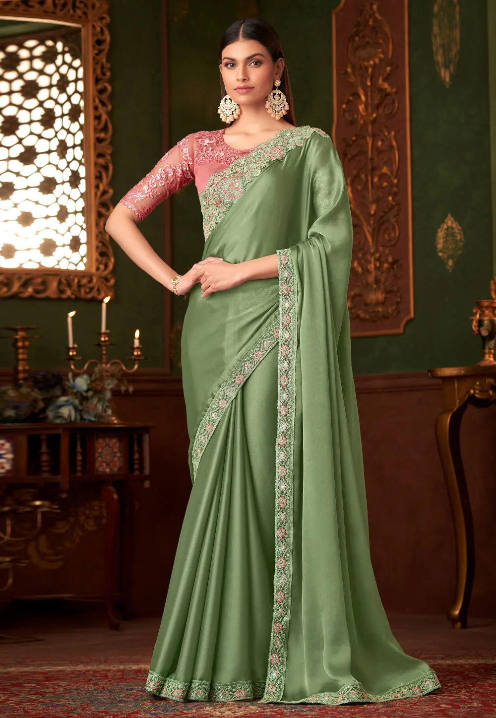 Pista Green Satin Saree With Blouse 301105