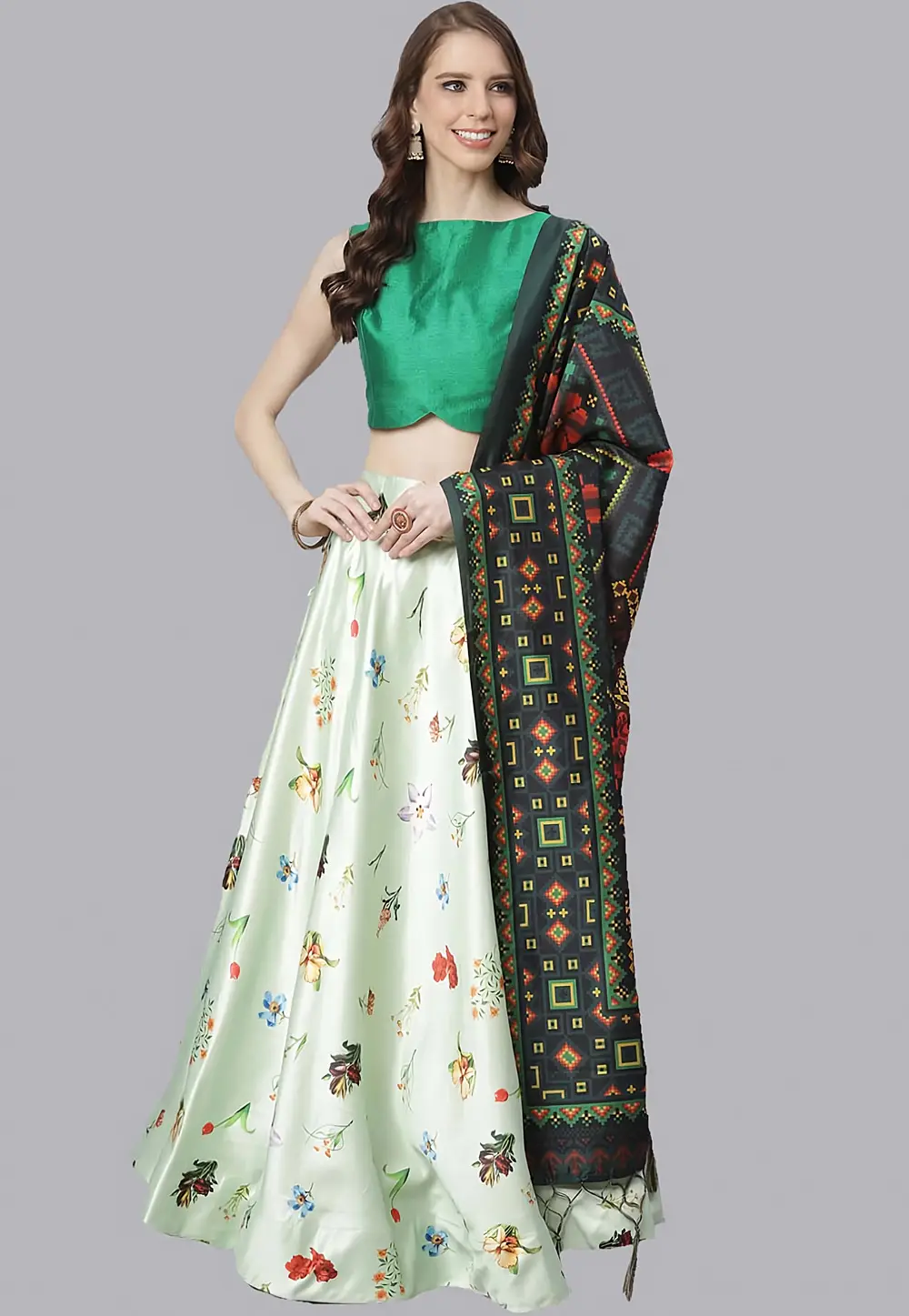 Pista Green Satin Silk Floral Lehenga choli 297152