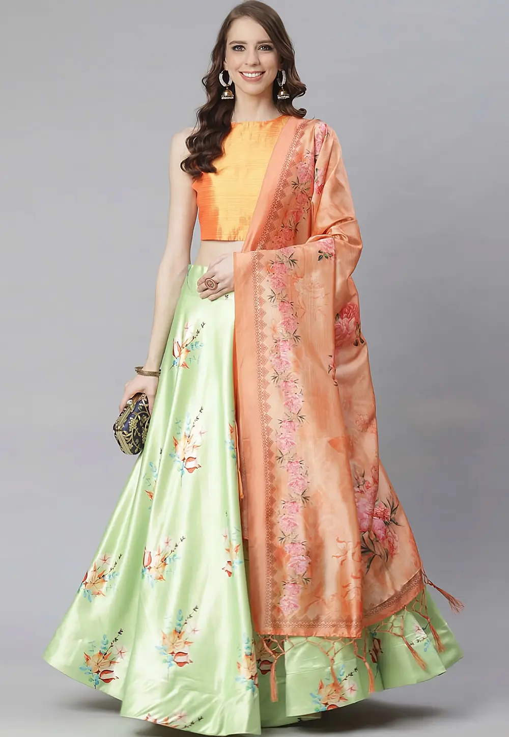 Pista Green Satin Silk Floral Lehenga choli 297158