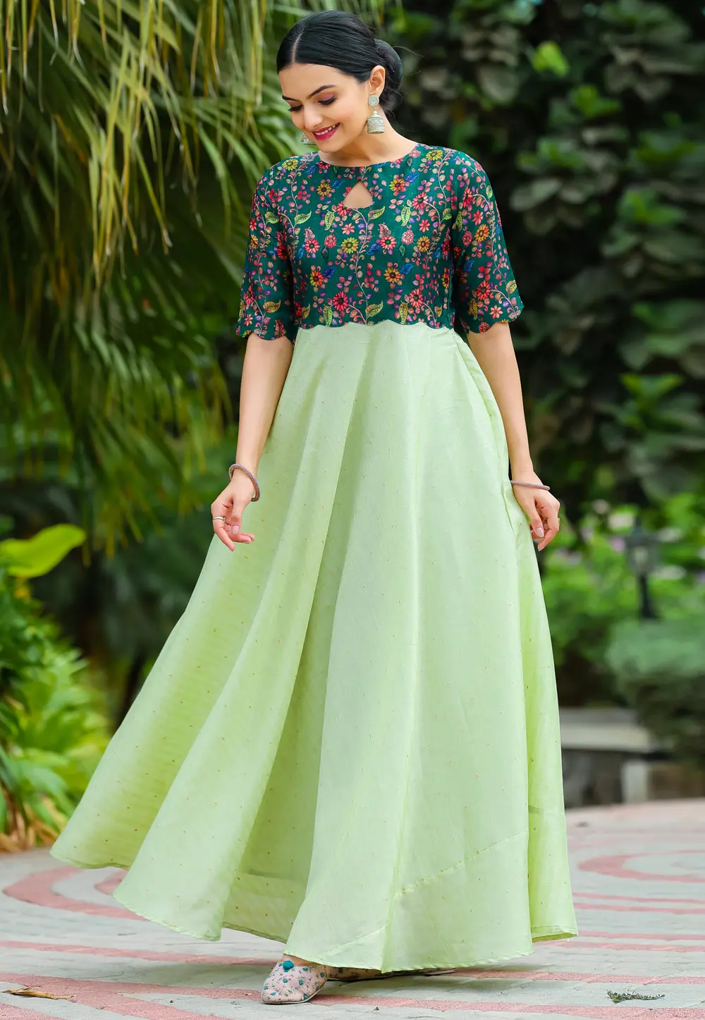 Pista Green Satin Silk Gown 303505