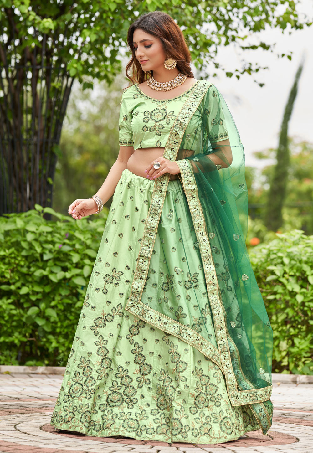 Pista Green Satin Silk Lehenga Choli 286881