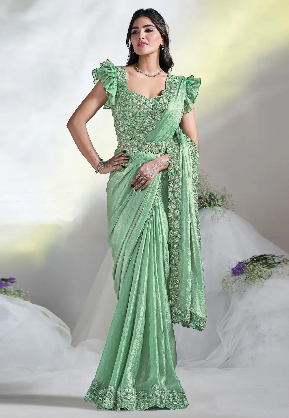 Pista Green Satin Silk Saree With Blouse 295890