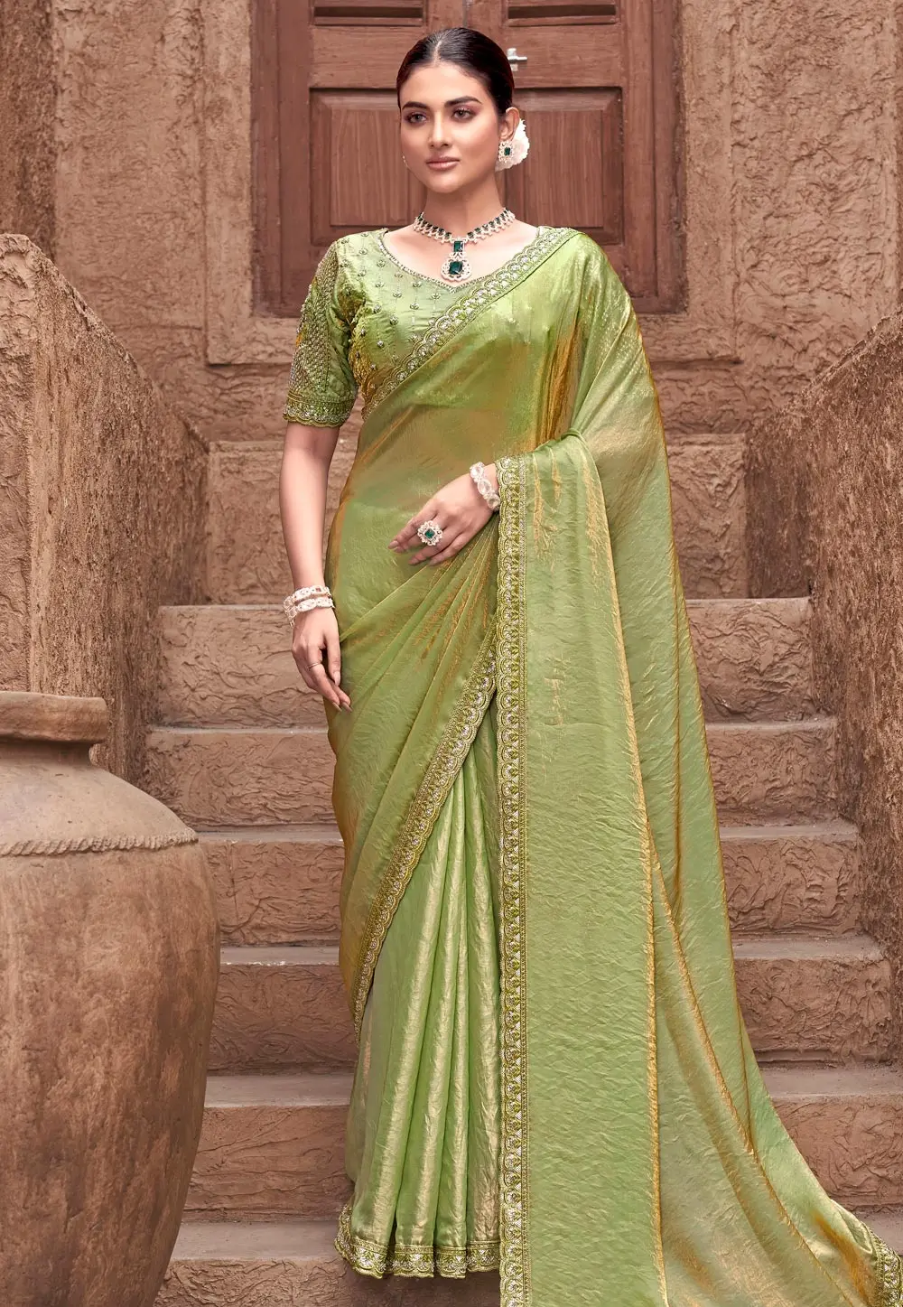 Pista Green Satin Silk Saree With Blouse 303953