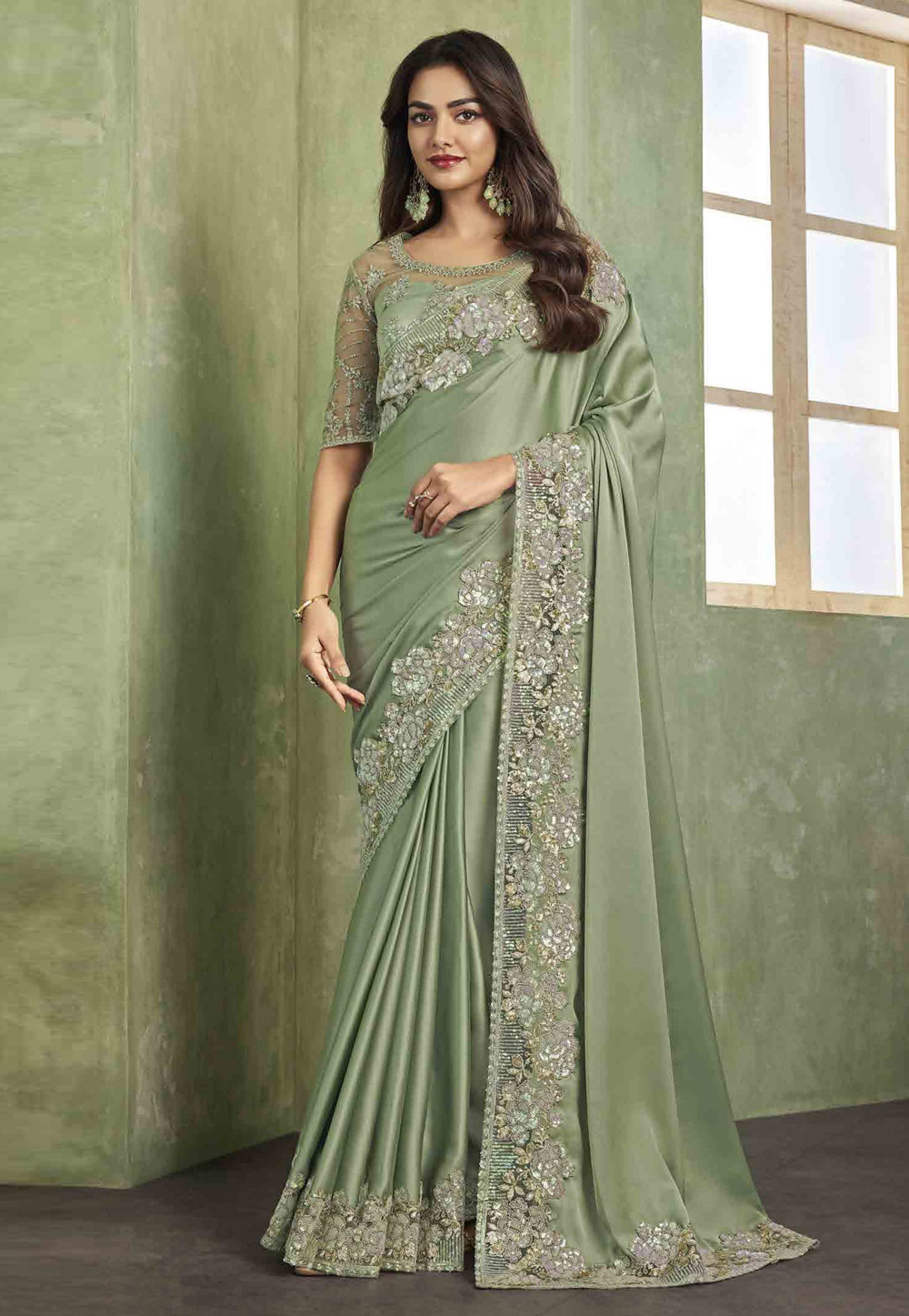 Pista Green Satin Silk Saree With Blouse 285242