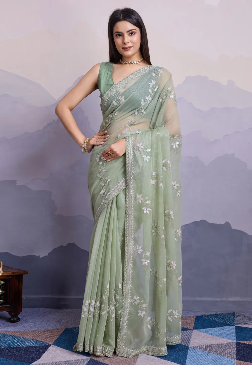 Pista Green Shimmer Chiffon Saree With Blouse 295677