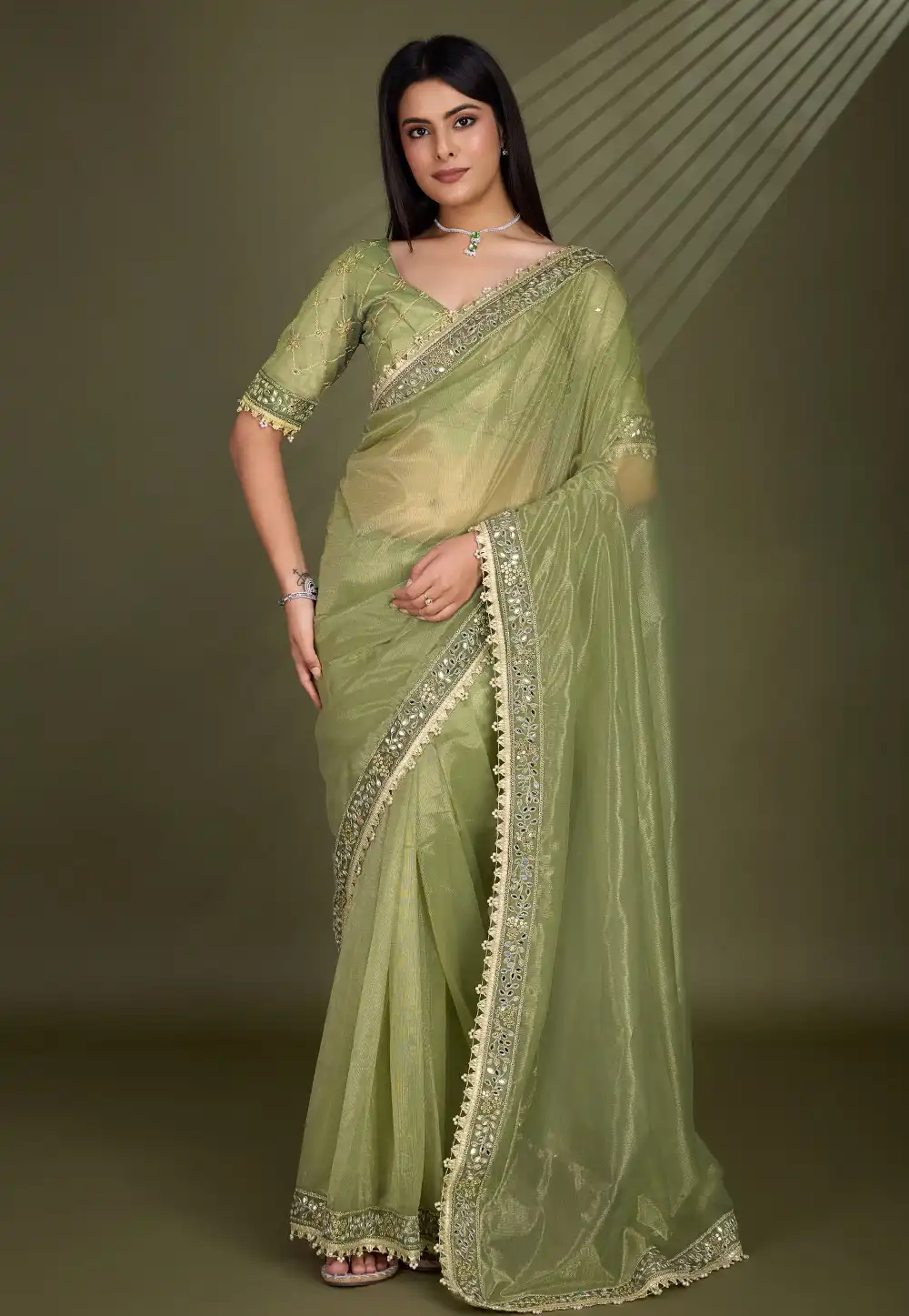 Pista Green Shimmer Net Saree With Blouse 294801