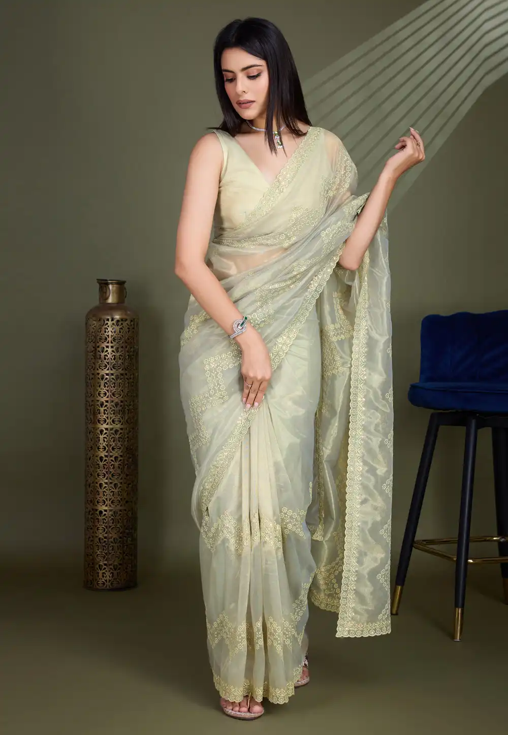 Pista Green Shimmer Net Saree With Blouse 295089