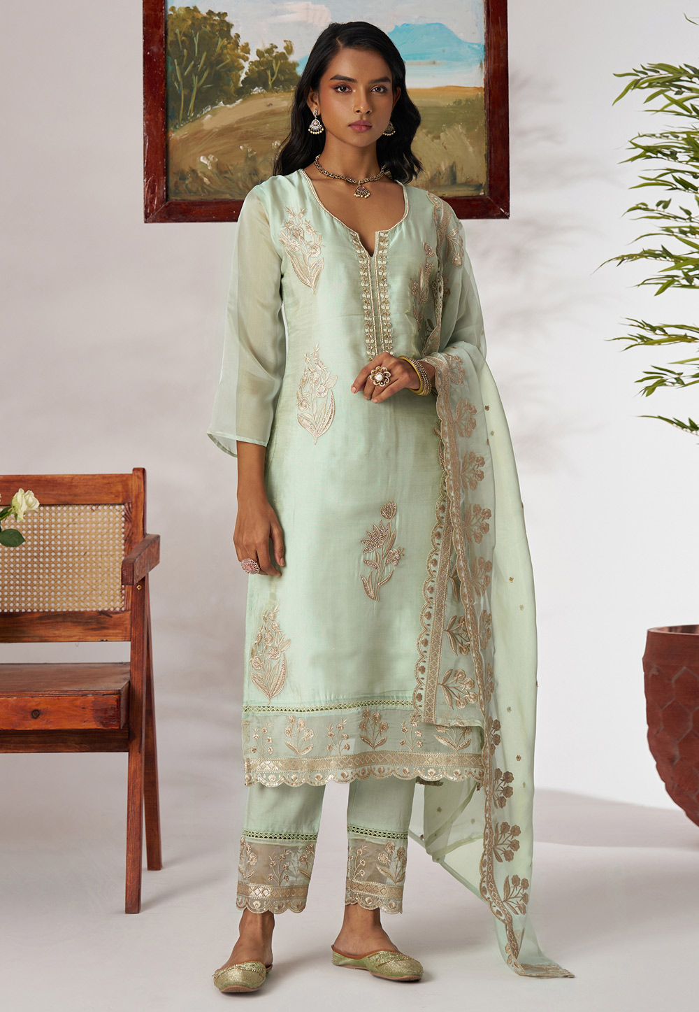 Pista Green Shimmer Pakistani Suit 305519