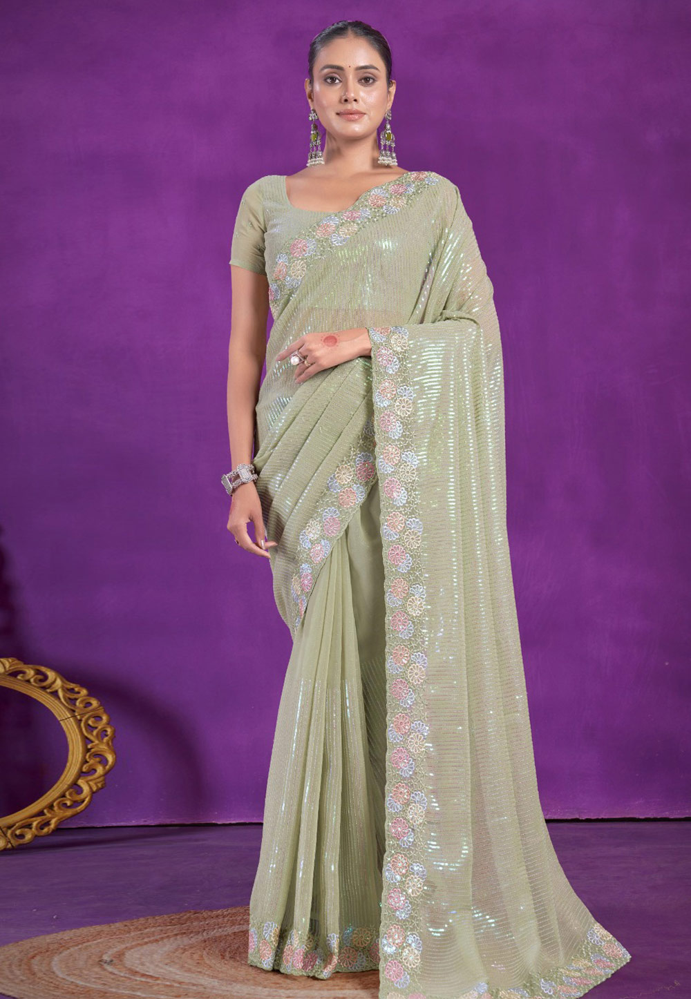 Pista Green Shimmer Saree With Blouse 285502