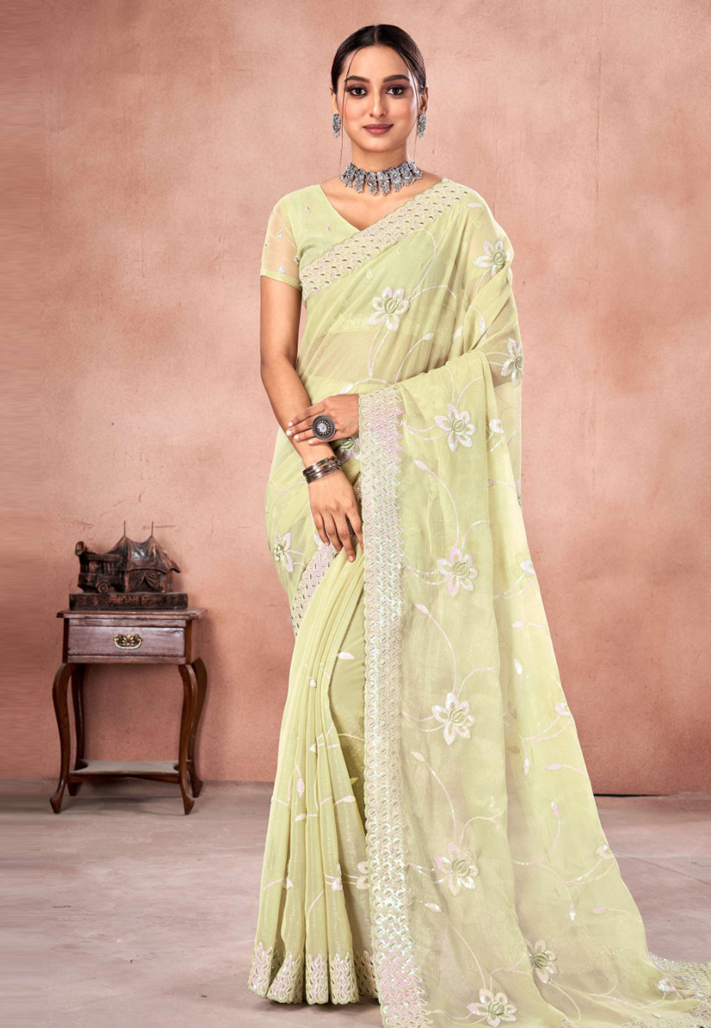 Pista Green Shimmer Saree With Blouse 285948