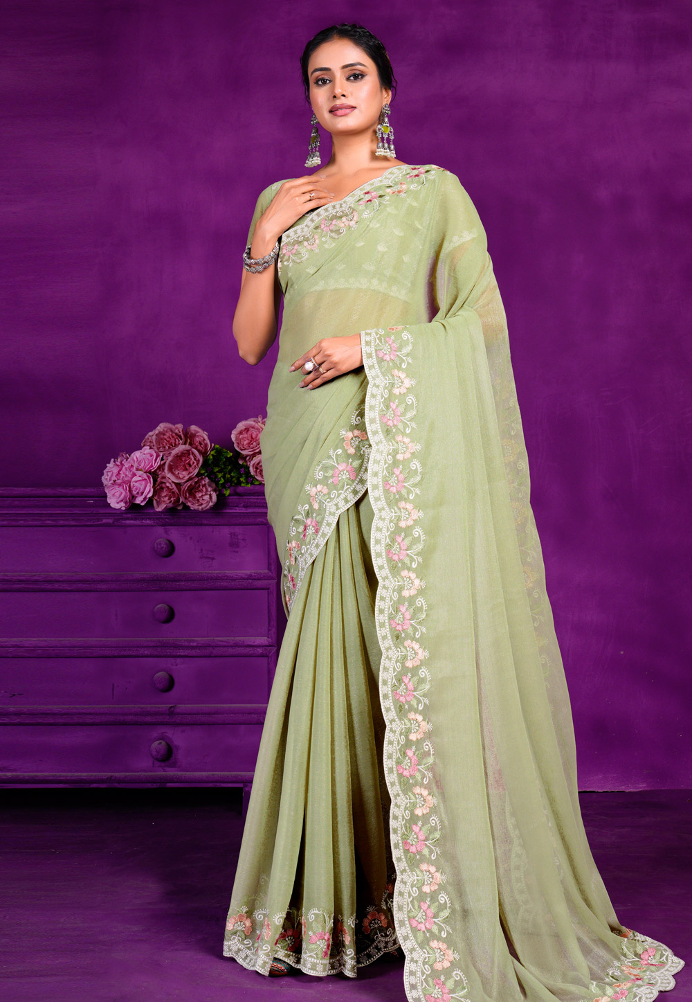 Pista Green Shimmer Saree With Blouse 285814