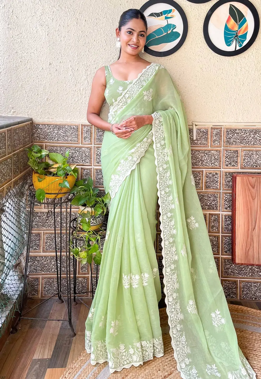 Pista Green Shimmer Saree With Blouse 295860