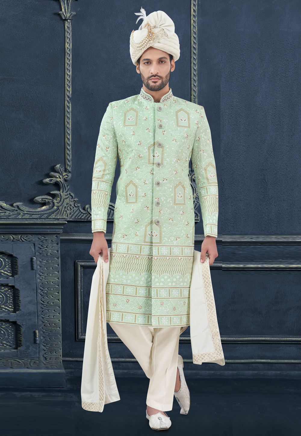 Pista Green Silk Achkan Style Sherwani 305190