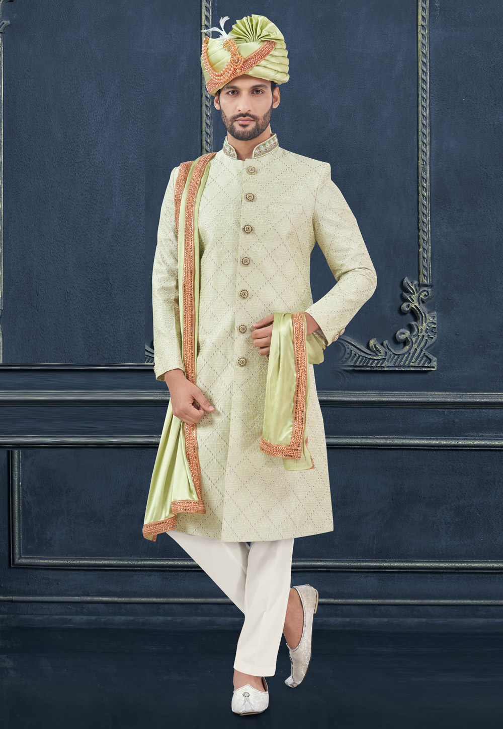 Pista Green Silk Achkan Style Sherwani 305193