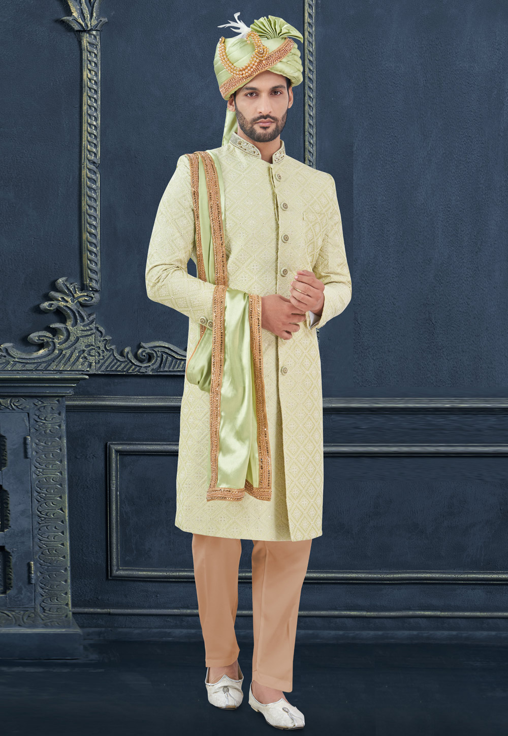 Pista Green Silk Achkan Style Sherwani 305195