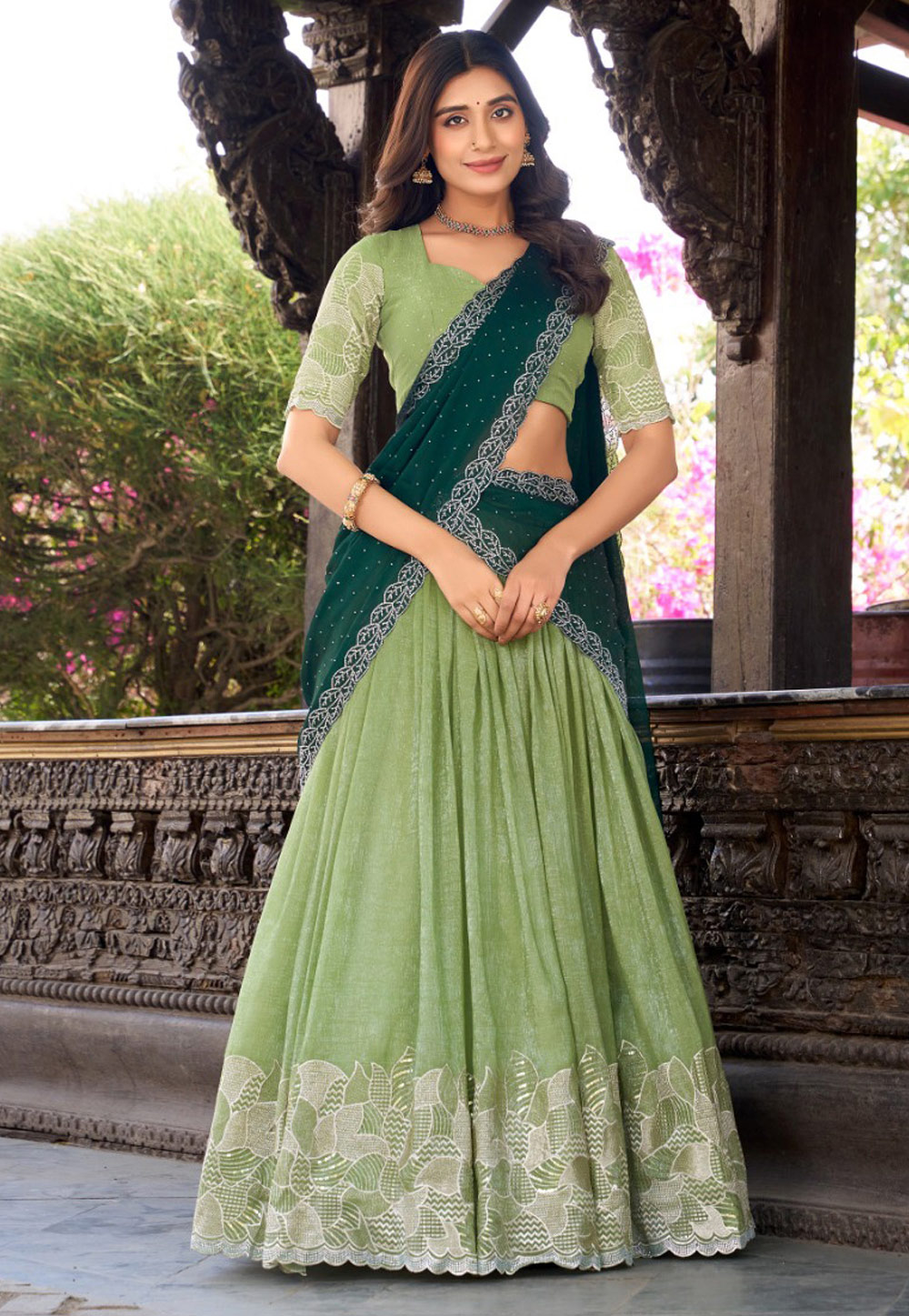 Pista Green Silk Circular Lehenga Choli 309196