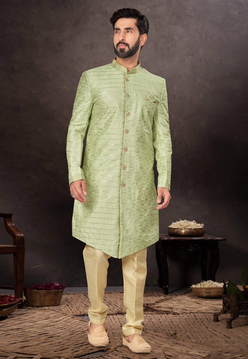 Pista Green Silk Indo Western Suit 283971