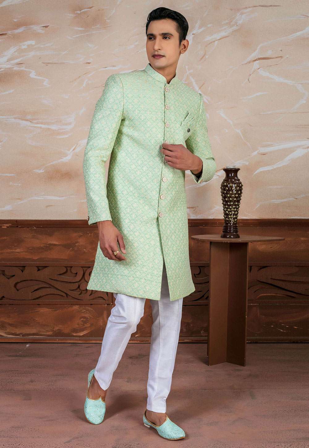 Pista Green Silk Indo Western Suit 287145