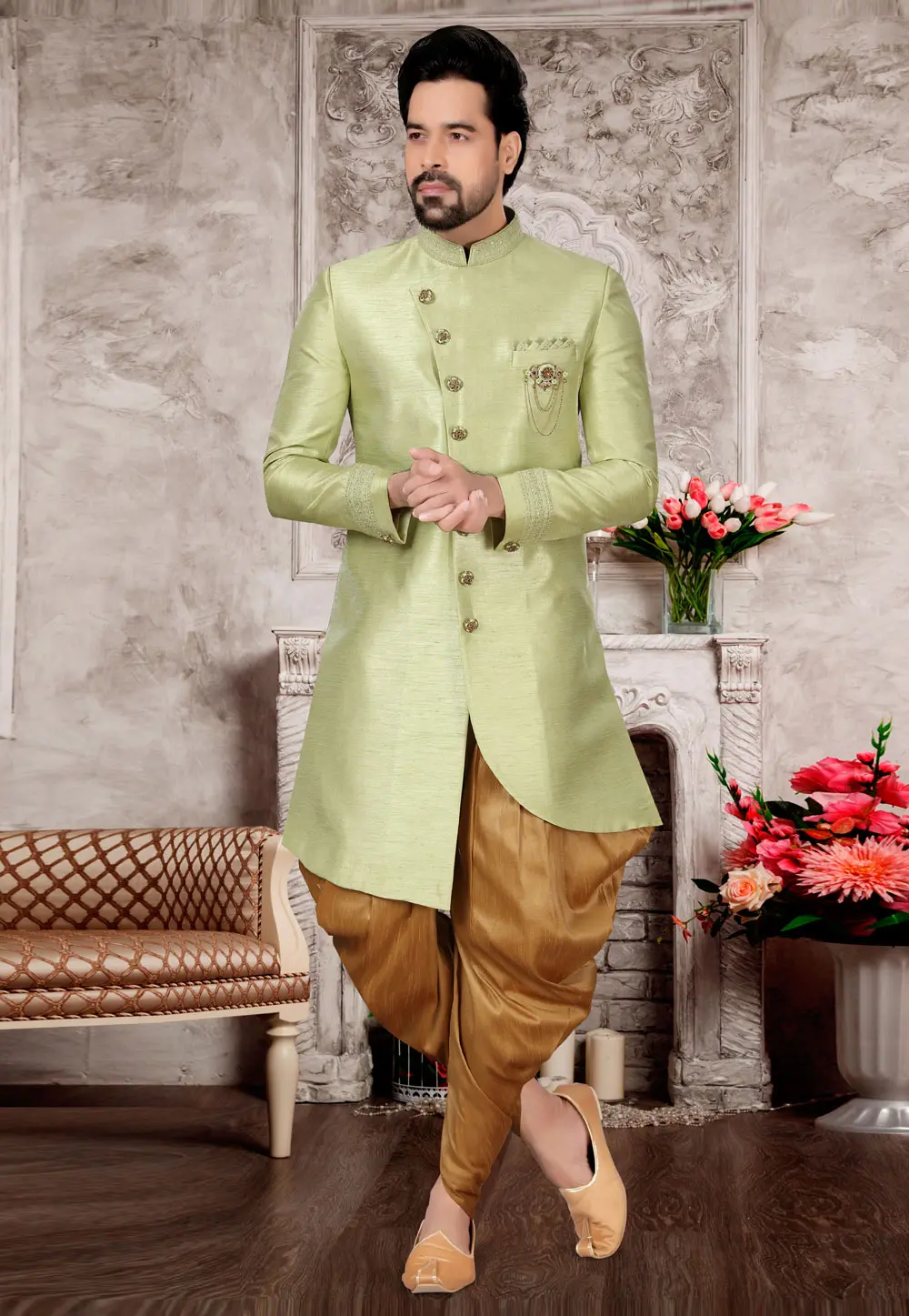 Pista Green Silk Indo Western Suit 302951